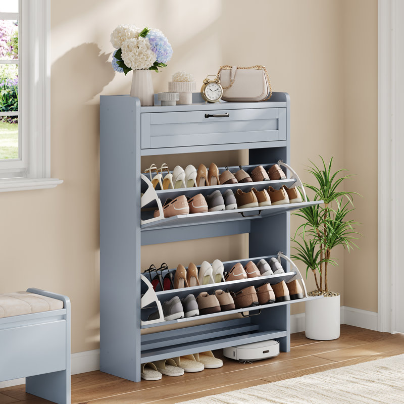 Range-chaussures avec 2 tiroirs rabattables, range-chaussures en bois peint ultrabrillant avec tablettes réglables, Bleu