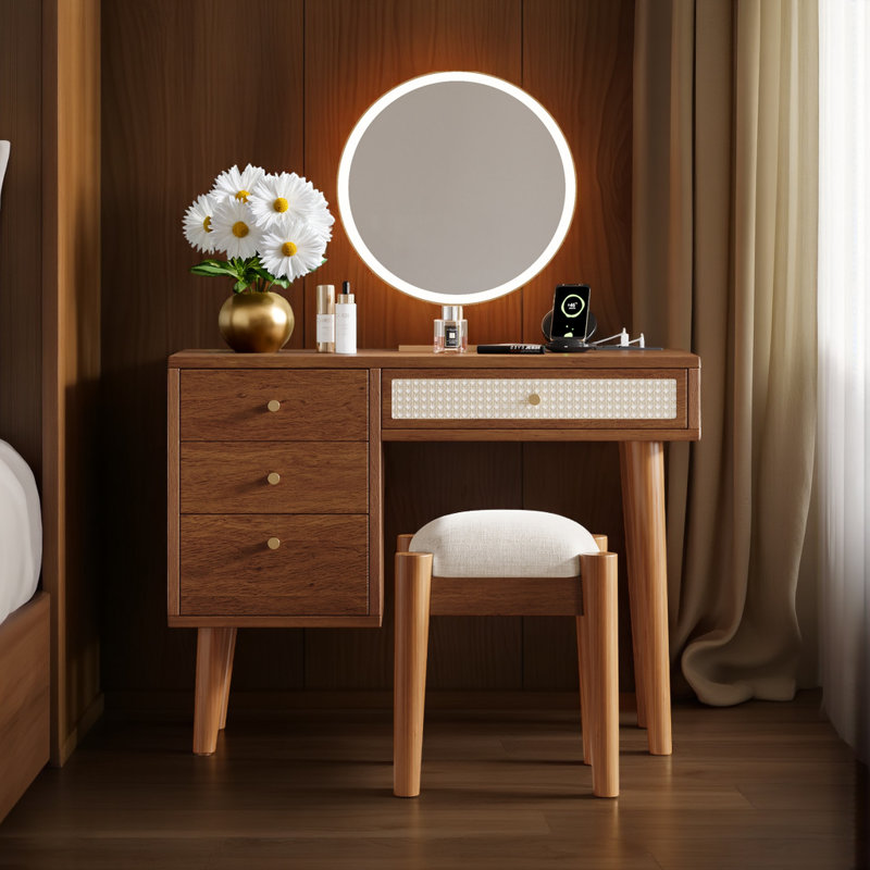 Retro Makeup Vanity Set with Charging Plug & USB Port, 3 Storage Rattan Drawers, Includes Stool, Brown