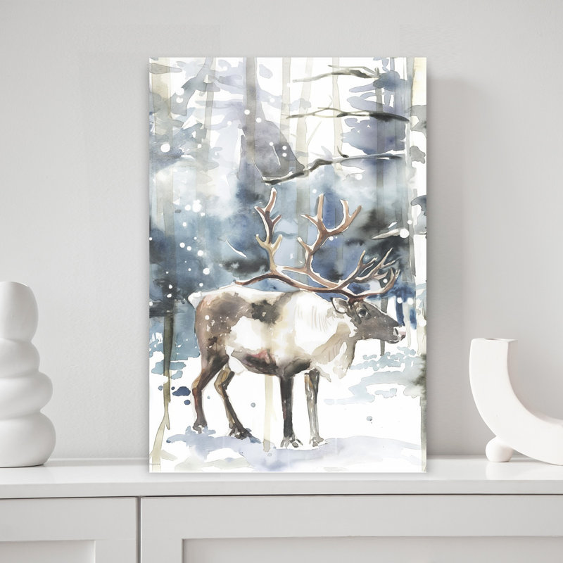 Caribou de la toundra arctique, art contemporain contemporain, forêt naturelle, 18" H x 12" W