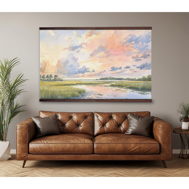 «Pastel Marsh Sunset», art mural aquarelle côtière de Caroline Lowcountry, H 40 po x l 60 po
