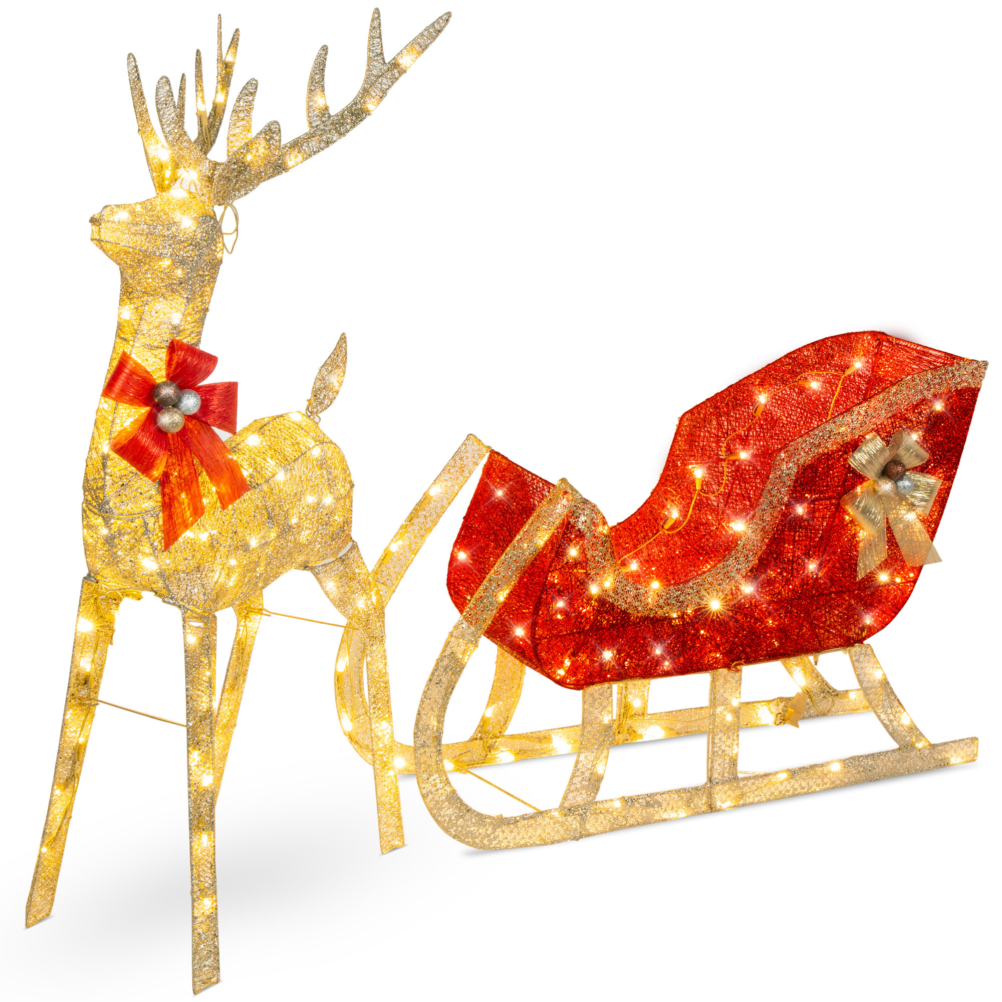 Reindeer Sleigh Yard Lighted Display, Gold, 48"H x 70"W x 15"D