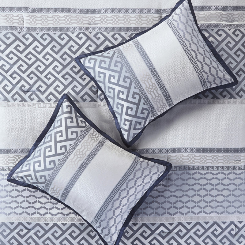 Navy King Bedding - 7 Piece With Comforter, Shams & Faux Silk Bed Skirt Pillows Comforter Traditional Geometric Designs, Navy