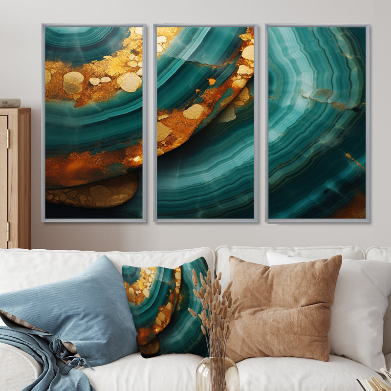 Agate Indigo Gold Waves - ensemble d'impression d'art mural en marbre, Encadrement argenté, H 40 po x l 60 po x P 1 po