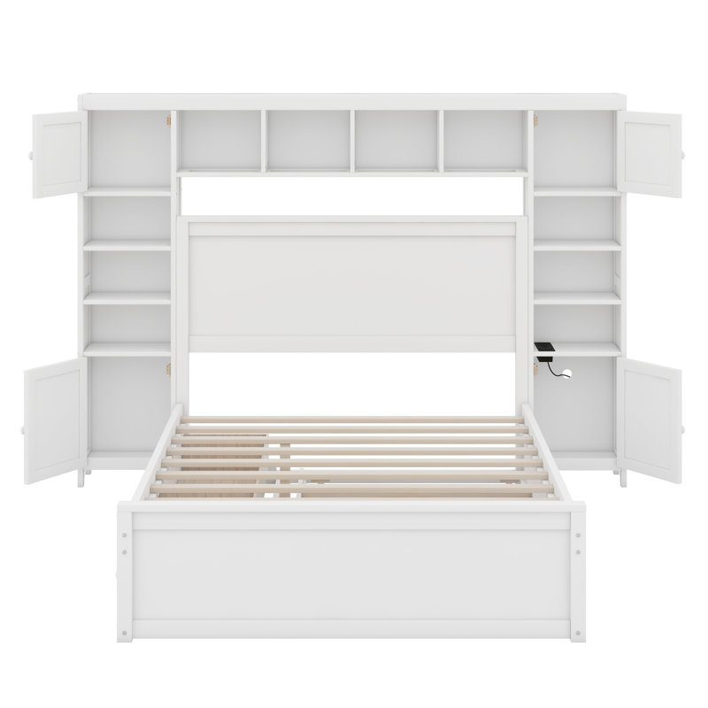 Wooden Bed With All-In-One Cabinet,Shelf And Sockets,Trundle, White