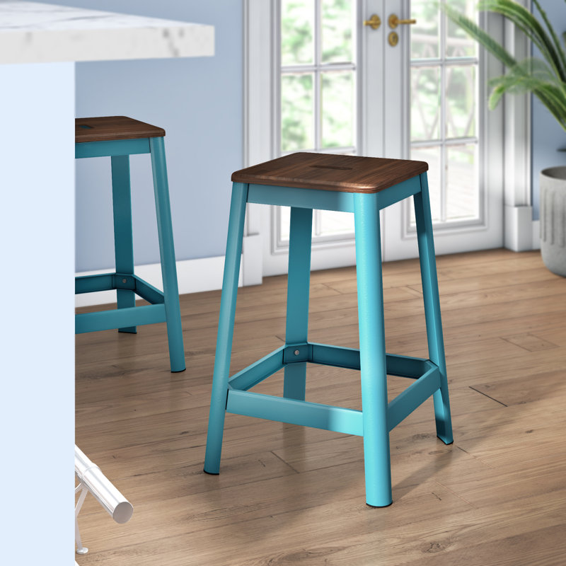 Tabouret de comptoir bar & Achilles, Bleu sarcelle, Bois clair, Tabouret de comptoir (siège d'une hauteur de 25,7
