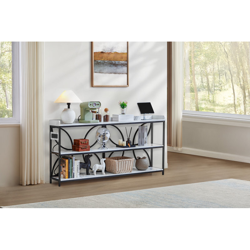 70.9" Marble White Console Table with Charging Ports and Metal Frame