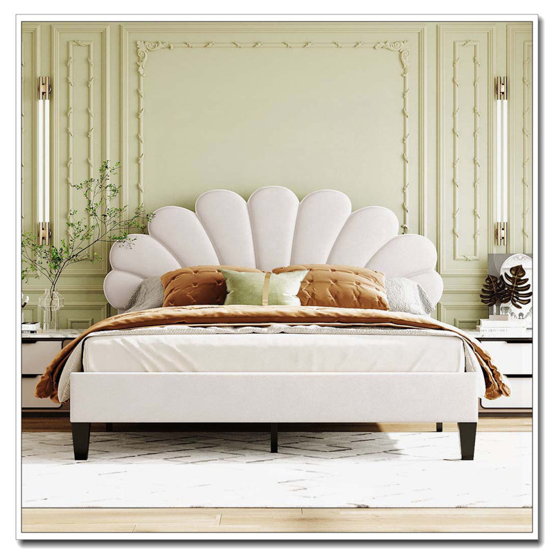 Upholstered Platform Bed with Flower Pattern Velvet Headboard, Beige, Queen