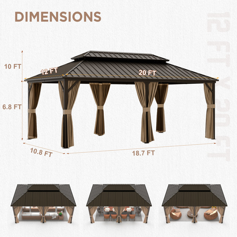 Outdoor Hardtop Gazebo Patio Galvanized Steel Double Roof Aluminum Frame Gazebo, 114'' H x 240" W x 144" D