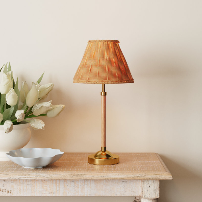 Tan Rattan Shade Gold Base Table Lamp