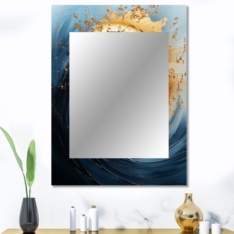 Bleu And Gold Spiraling Prosperity Spiral III - Abstract Spirals Unique Wall Mirror, Gold Mirror, Printed Metal Art