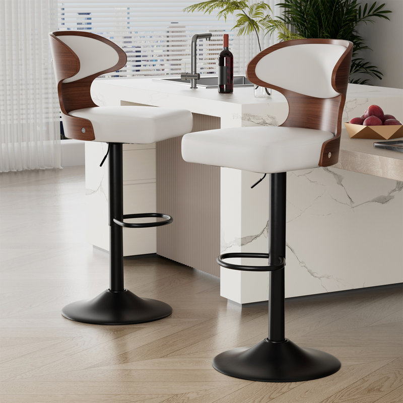 Bar Stools Set of 2 Seat Adjustable Height 62.2-85.1cm Bentwood Swivel Barstools with Back & Footrest - PU Leather Upholstered Bar Chair for Bar, Kitchen, Dining Room