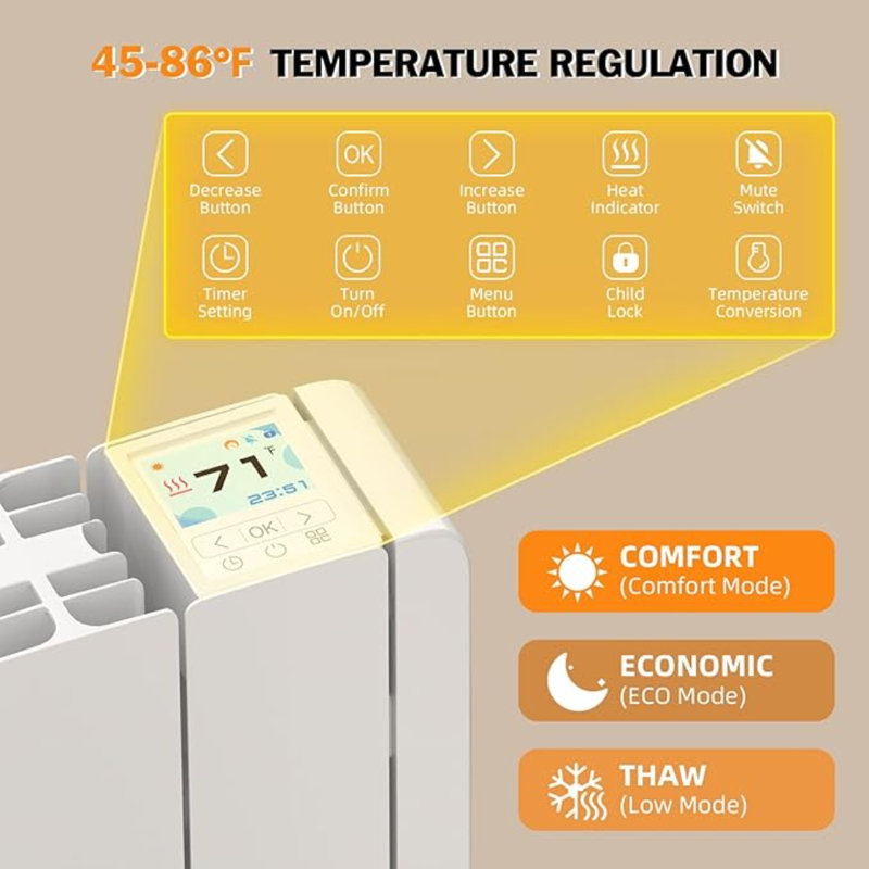 Electric Wall Heater For Indoor Use LED Display 800W Adjusting Thermostat Convection Space Heater Freestanding With Wheels Plug-In Electric Panel Heater Easy Control, Safety Features