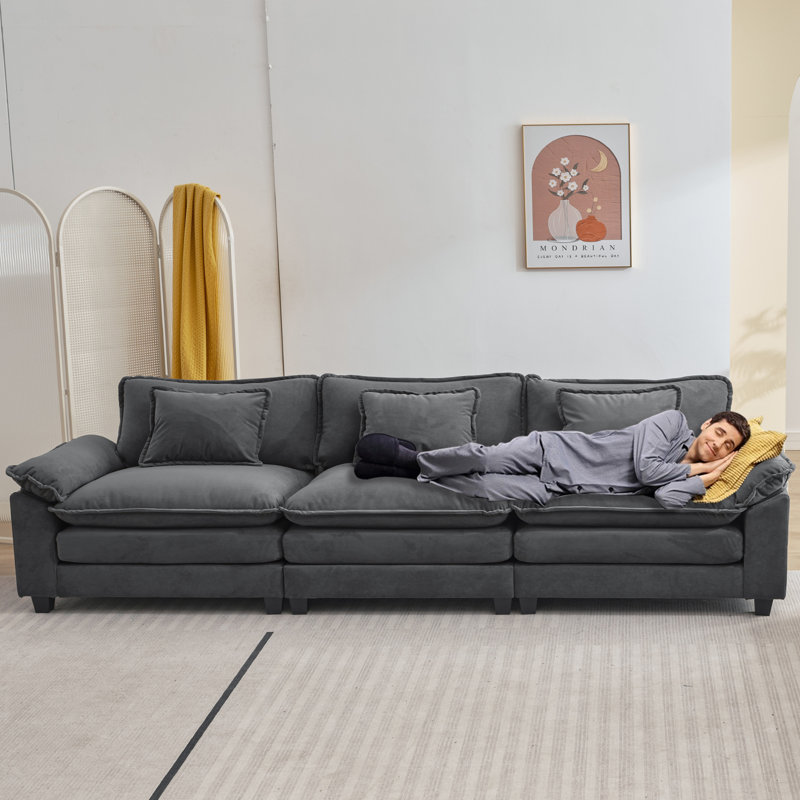Adonia 120“ Comfy Cloud Couch Large Sofa for Living Room Bedroom, Dark Gray Velvet