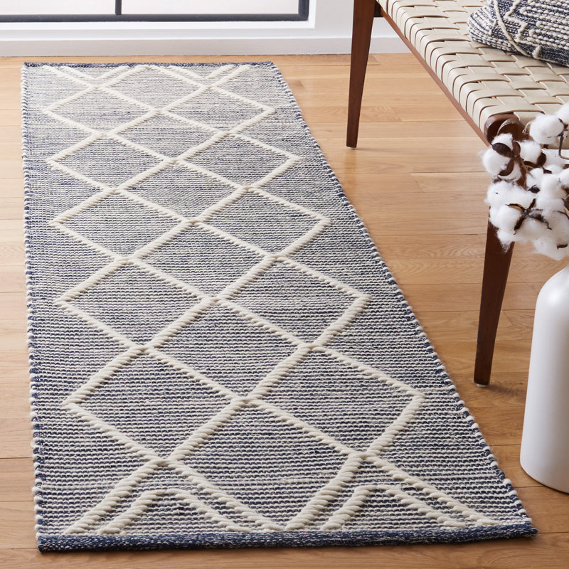 Jacques Hand Woven Wool/Cotton Geometric Rug in Ivory/Navy, Runner 2'3" x 8'