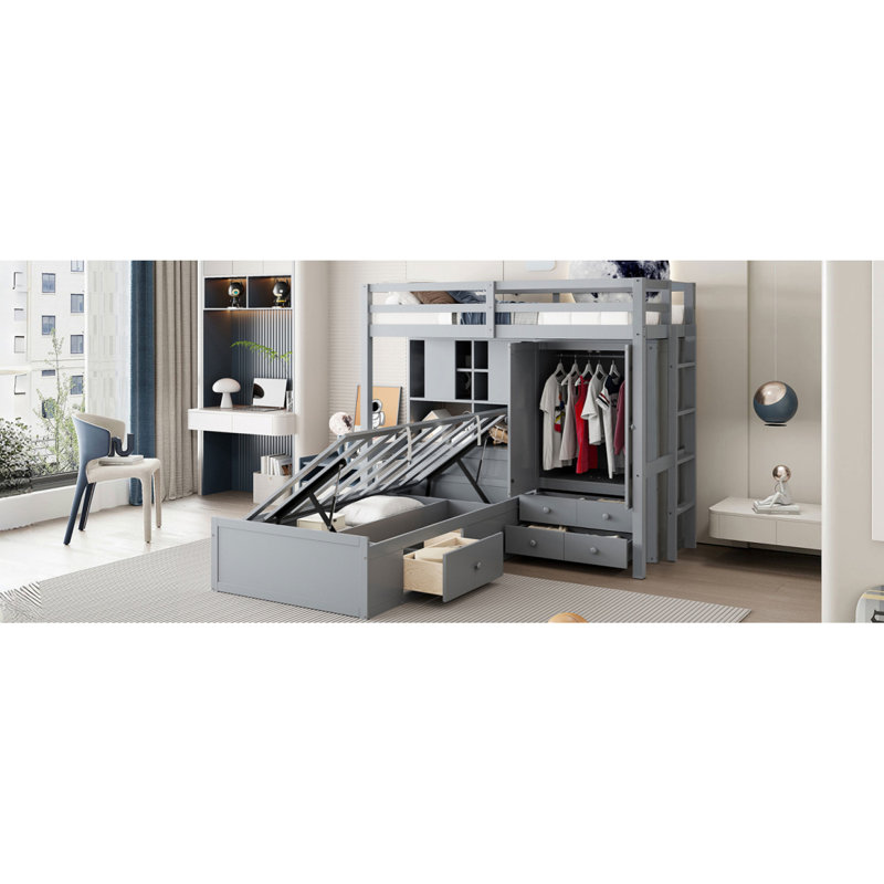 Lit superposé Kerianna avec tiroirs, garde-robe, tablettes de rangement et lit hydraulique, Gris