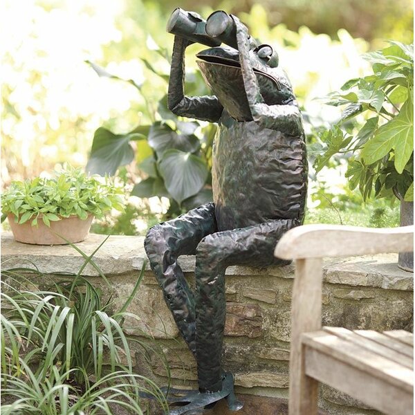Latte Larry Frog with Coffee Cup Metal Garden Statue