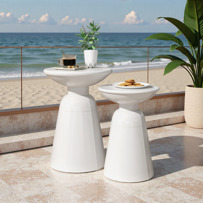 Outdoor Iron Side Tables With Flared Design, Set Of 2, White