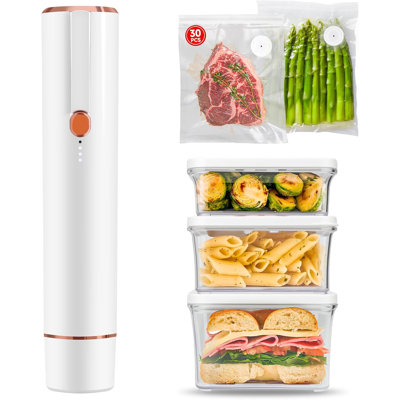 Aspirateur à main sans fil avec aspiration de 60 kPa - Comprend 30 sacs réutilisables et 3 contenants pour liquides, rangement des aliments, sous vide et voyage