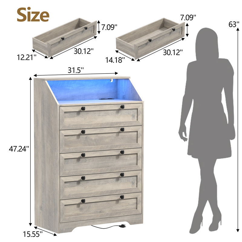Commode 5 tiroirs Lasheena, Gris