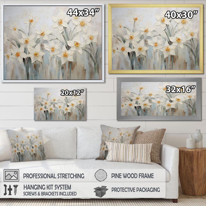 Minimalisme - jonquilles blanches II - impression, H 34 po x l 44 po x P 1,5 po, Cadre flottant blanc