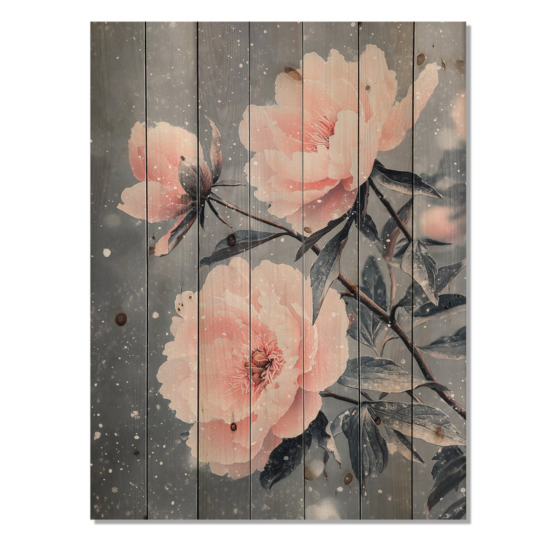 Peonies In The Winter Wind II - Peonies Wood Print - On Natural Pine Wood, 44" H x 34" W x 0.78" D
