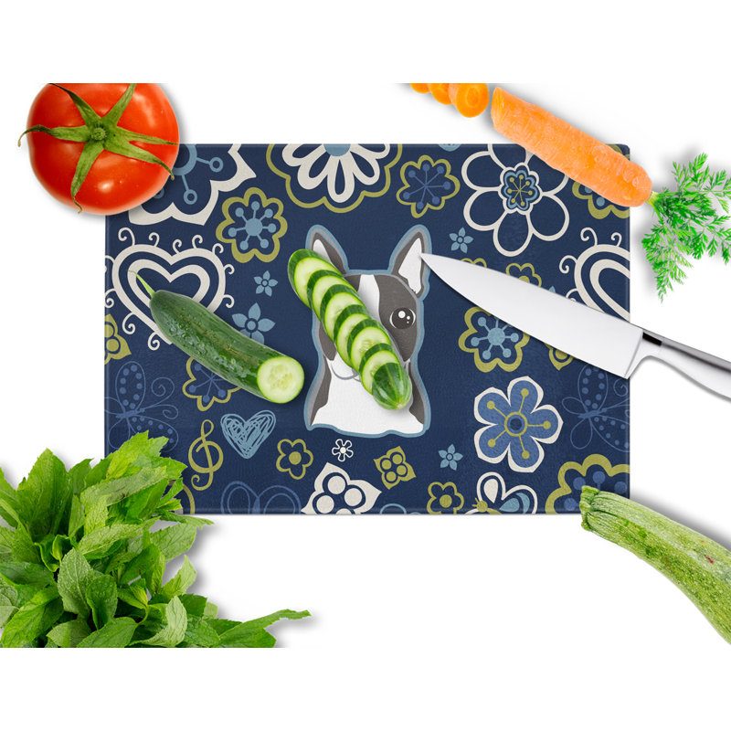 Caroline's Treasures Tempered Glass Flowers Cutting Board, Boston Terrier
