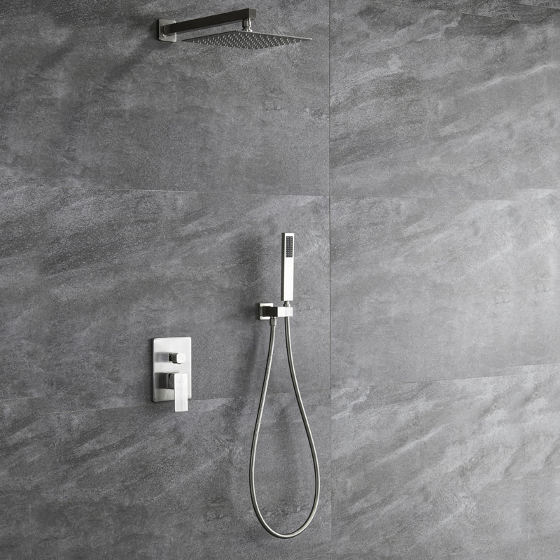 Dispositif de douche avec pomme de douche à effet de pluie de 10 po, nickel brossé, balance, 2 têtes, laiton massif, fixation murale noir mat et nickel, valve d'équilibre, fixation