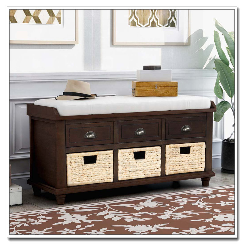 Banc de rangement rustique avec 3 tiroirs et 3 paniers en rotin, Espresso