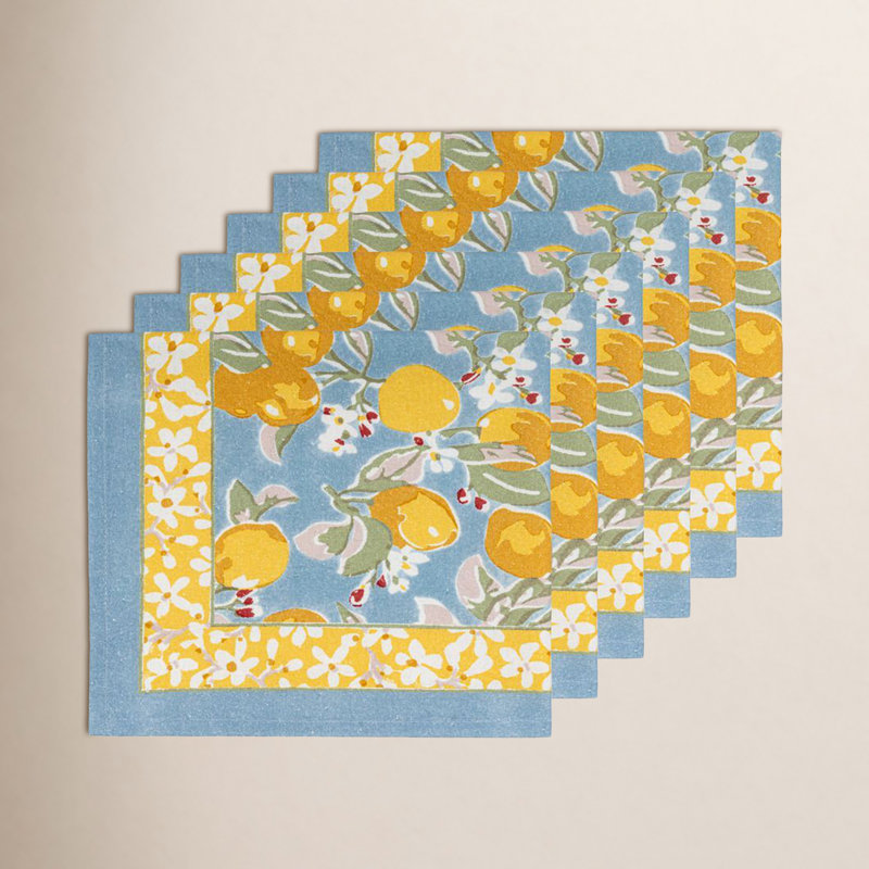 Citron Linen Floral Square Napkin, Blue/Yellow
