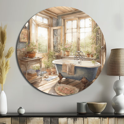Old Farmhouse Bathtub IV - Floral Round Metal Wall Home Decor