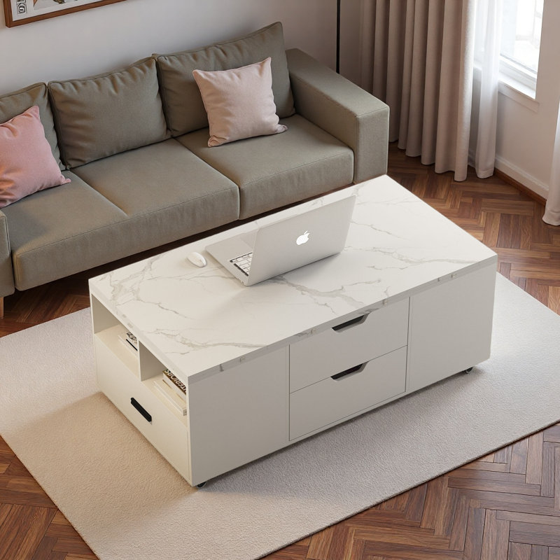 Table basse relevable moderne avec 2 tabourets, rangement caché, tiroirs et table pliante