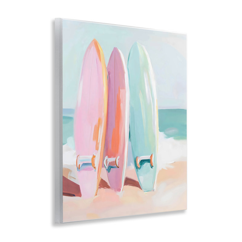Pastel Surfboards on Sandy Beach Wall Plaque, design by The Prints Vibe
