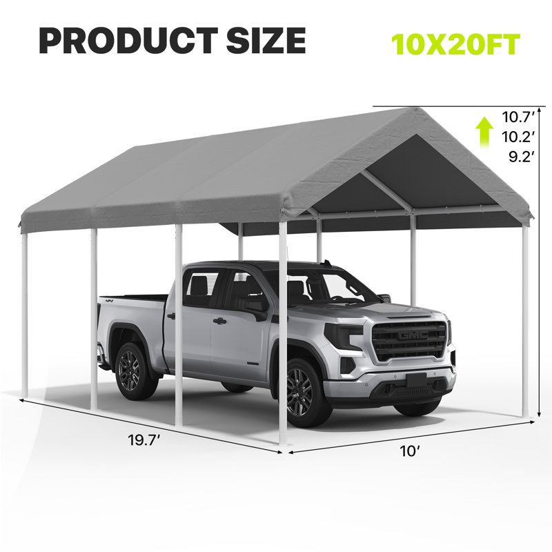 10x20 Ft Outdoor Carport With Adjustable Height, Gray