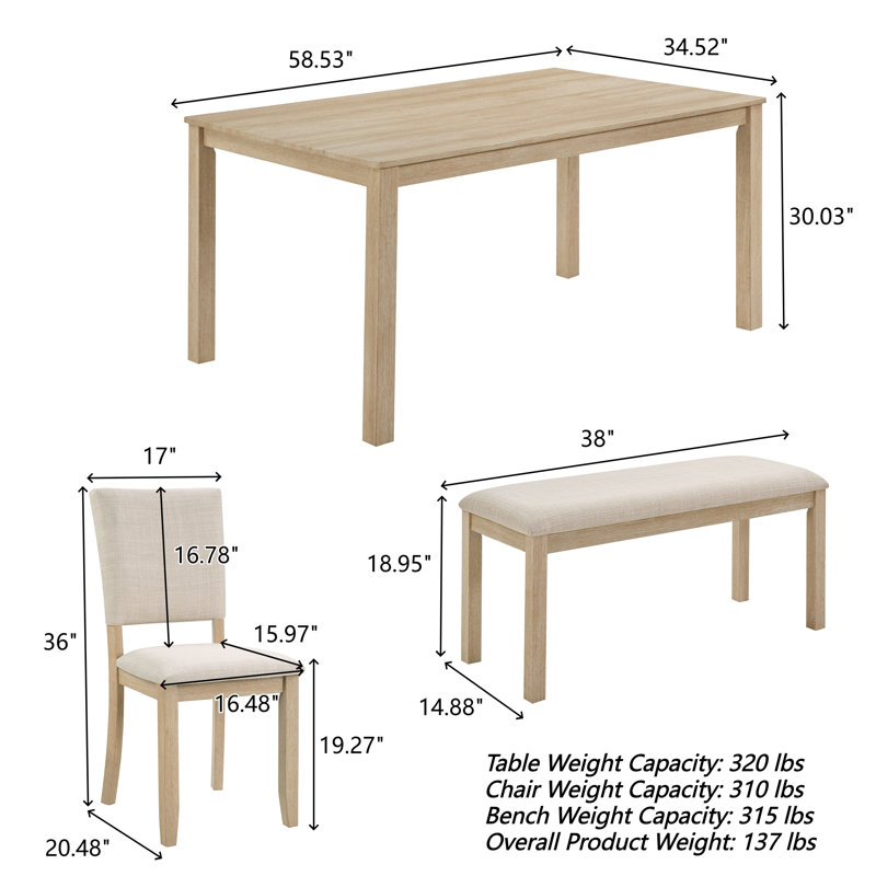 Dining Table Set, Rectangular Seating for 6, Wood, Upholstered Chairs & Bench, Dining Room, Light Oak - Beige, Light Oak