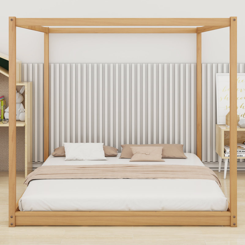 Lit plateforme à baldaquin avec pieds de support, Très grand lit, Naturel