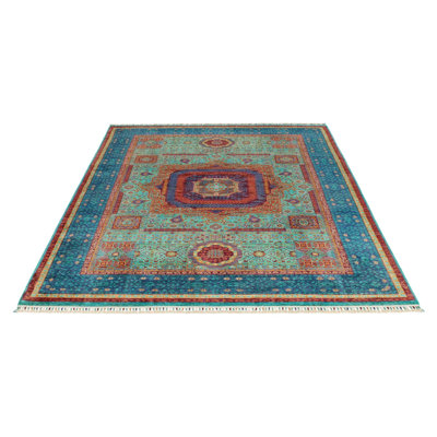 6x8 Green and Navy Turkish Tribal Rug