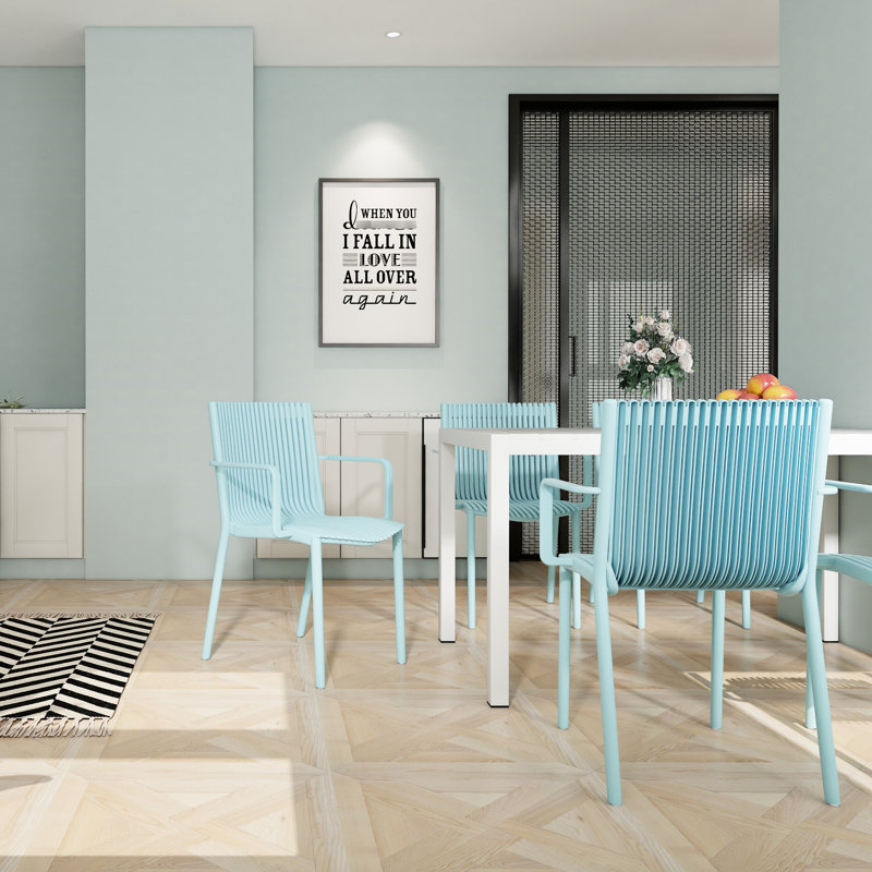 Fauteuil 4 pièces en plastique toutes saisons avec design ergonomique, bleu, capacité de charge élevée, patins antidérapants, pour siège d'invité de dernière minute dans les espaces commerciaux