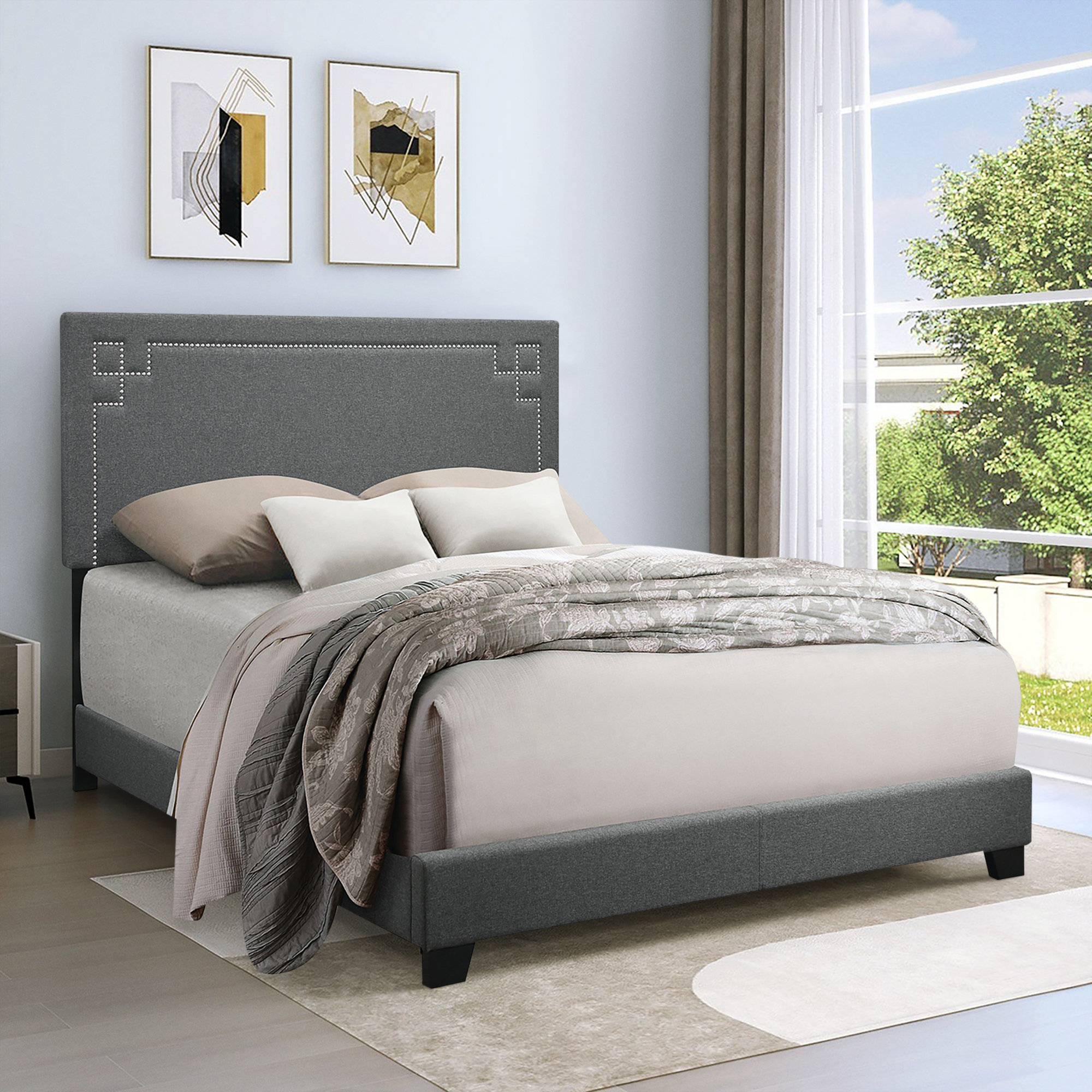 Mercer41 Mathurine Grey Panel Bed with Nailhead Trim | Wayfair