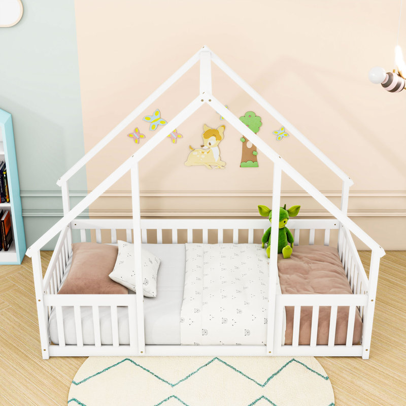 Lit en bois avec garde-corps en forme de maison, Simple, Blanc