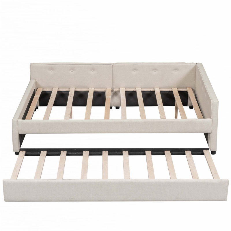Upholstered Platform Bed with USB and Twin Size Trundle, Full/Double