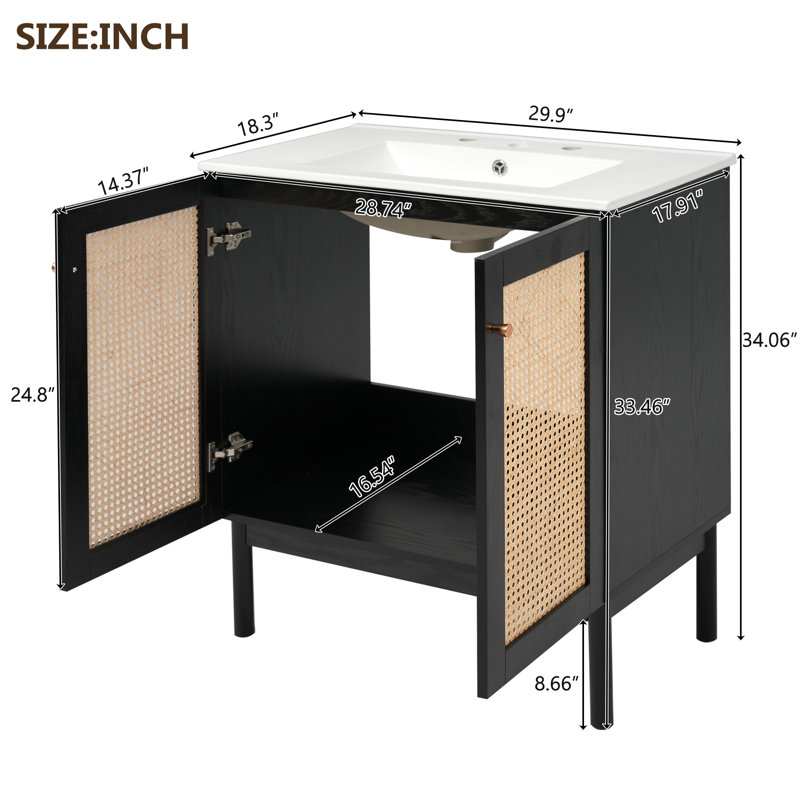 Meuble-lavabo autoportant de 30 po avec lavabo en céramique et portes en rotin