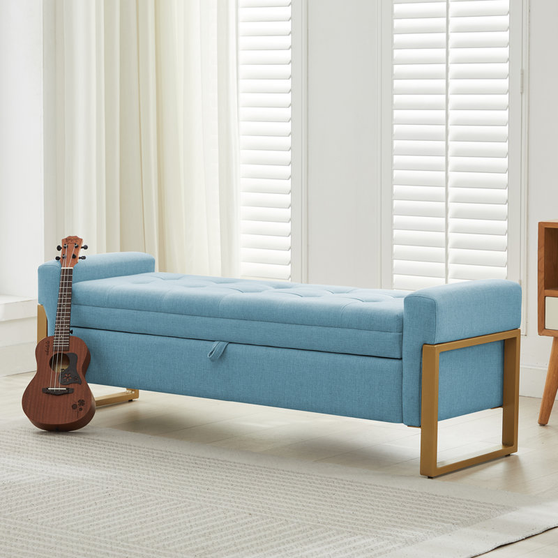 57'' Wide Tufted Rectangle Storage Ottoman, Blue Linen