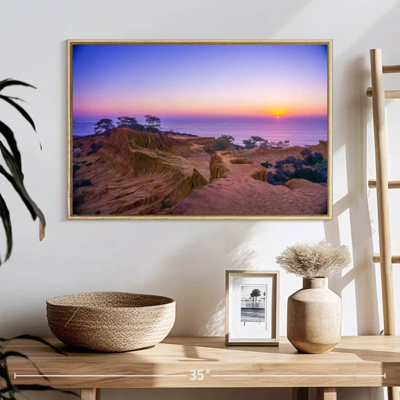 Coucher de soleil Torrey Pines, 25 po x 17 po, Cadre flottant en bois naturel