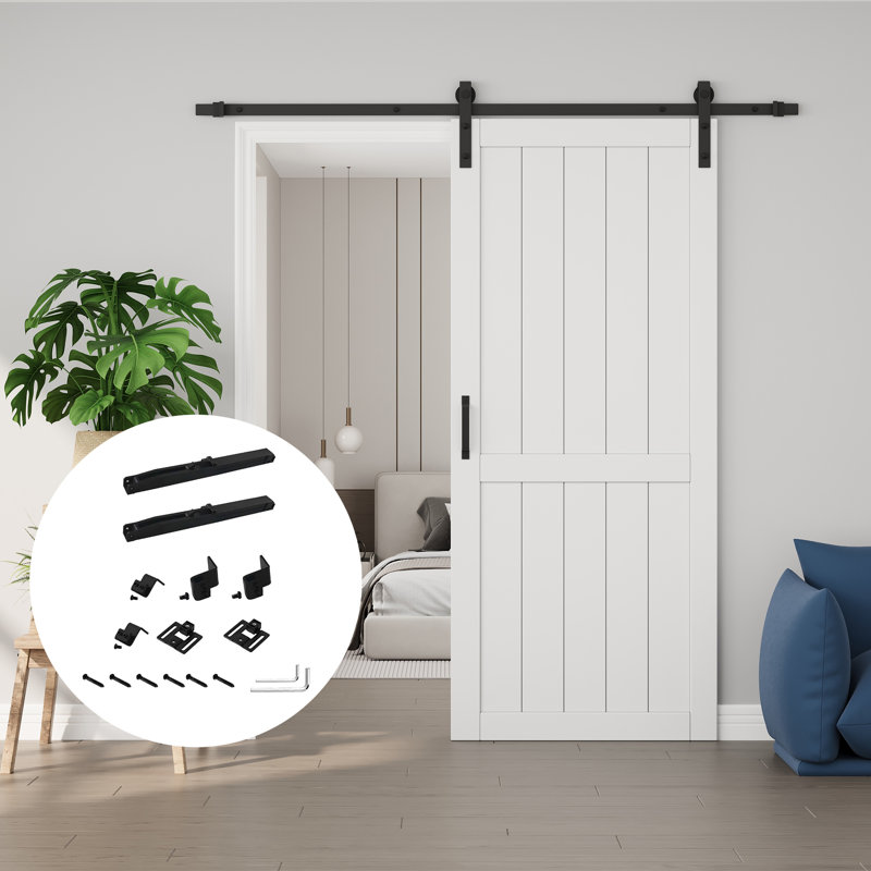 Porte de grange coulissante de 84 po en bois manufacturé massif apprêté à surface blanche avec portes de garde-robe intérieures à peindre avec trousse de quincaillerie (fermeture en douceur incluse)