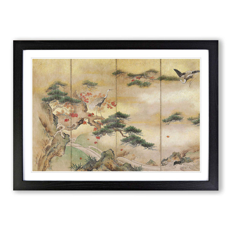 The Cranes Beside a Lake by Hashimoto Gaho - Picture Frame Painting Print on MDF, 36cm H x 48cm W x 2cm D, Black Framed