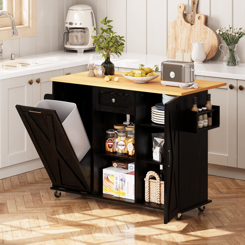 Kitchen Island With Drop Leaf, Tilt Out Kitchen Trash Cabinet, Rolling Storage Cart With Lockable Wheels & Adjustable Shelves