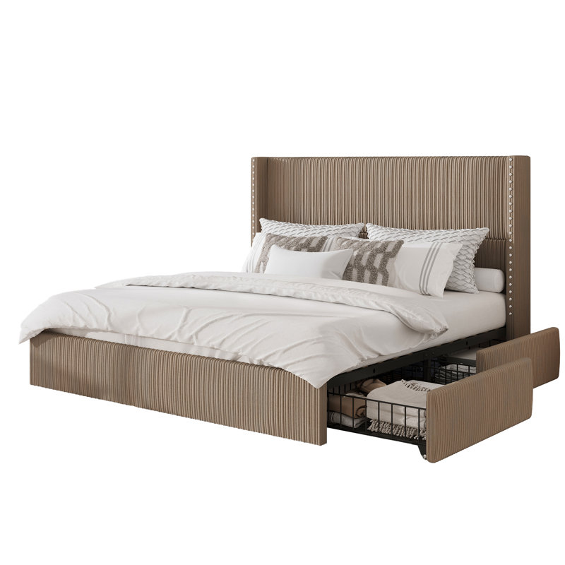 Brown Corduroy Upholstered Queen Bed Frame with Storage Drawers