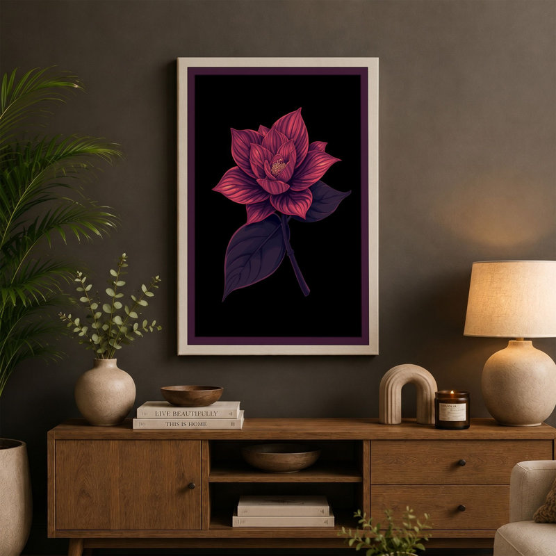 Lotus in Magenta Botanical - Wrapped Canvas, 36x24 - 91.4 x 61.0 cm, Teal Border