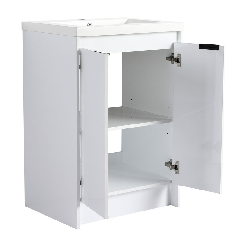 Meuble-lavabo autoportant de 48 po avec lavabo en résine, 2 rangements, portes à fermeture douce, contreplaqué blanc brillant, compartiments à plan de rangement, configuration serrée