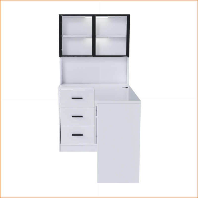 Bureaux, bureau d'angle en L avec lumières DEL, ports USB et amp; Plateau à clavier | Blanc | Panneau de fibres à densité moyenne
